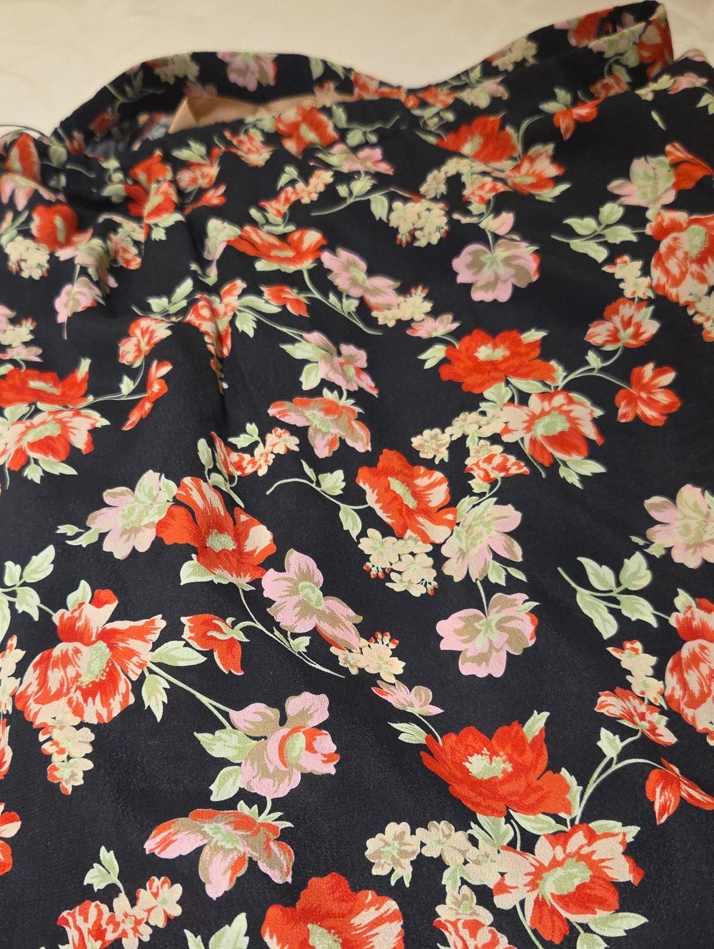 No. 21 Floral Midi Skirt with Red and Pink Flowers. Longer Length In The Back.